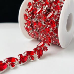 red Rhinestone trim with Glitter  Leaf  shape, Silver Base Fancy Diamond Crystal Trim ,Hand Sewn Applique ,Ribbon Sew on Clothes ,Shoes ,Bag