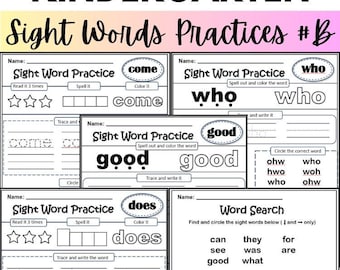 Kindergarten Worksheets for 40 Sight Words - Total 80 Practice Pages #B