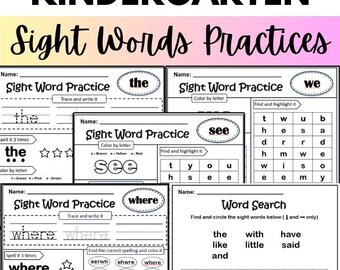 Kindergarten Worksheets for 40 Sight Words - Total 80 Practice Pages #A
