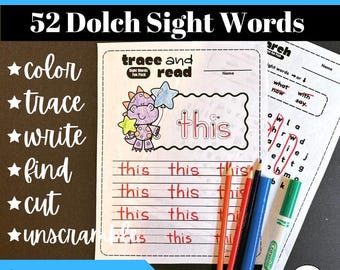 79 Pages of Fun Activities on 52 Dolch Kindergarten Sight Words | 4 Formats | Instant Download