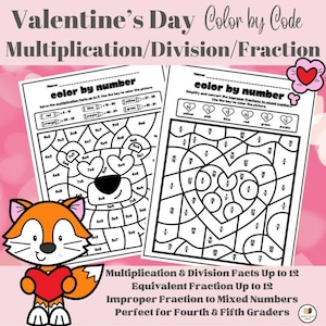 Valentijnsdag kleur op nummer | Geavanceerde vermenigvuldiging, deling, feiten over breuken | 10 pagina's | Afdrukbaar zonder PREP