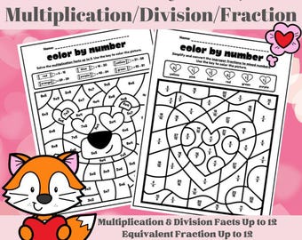 Valentine's Day Color by Number | Advanced Multiplication, Division, Fraction Facts | 10 Pages | No-PREP Printable