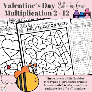 May include: Valentine's Day-themed color-by-code multiplication worksheet. The worksheet features multiplication problems and a color key. Includes a cartoon bee graphic and text: "Three levels of difficulties, Two types of practice formats, Bonus math & trivia questions, Suitable for 3rd & 4th graders."