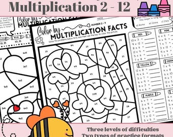 Valentine's Day NO PREP Color by Code | Multiplication Facts 2 to 12 | 3 Levels | 14 Pages