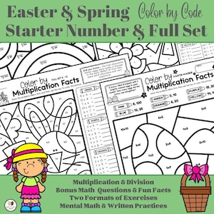 May include: Easter and Spring-themed educational worksheets with color-by-code multiplication facts. The set includes a starter number and full set, featuring fun facts and exercises for mental math and written practice. The image includes a cartoon girl and a basket with a pink bow.