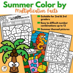May include: Color by Multiplication Facts summer themed printable worksheets.  The worksheets feature a seahorse, a palm tree, and a glass of lemonade.  Solve the multiplication problems to color the pictures.