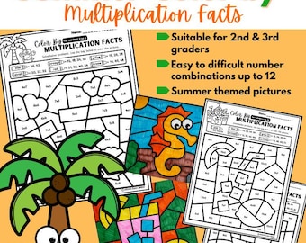 Summer Color by Number - Multiplication Facts Up to 12 | 11 Pages