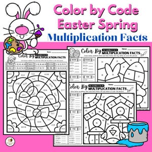 May include: Three printable worksheets for kids to practice multiplication facts. Each worksheet features an Easter-themed picture to color in by solving the multiplication problems and following the color key. The pictures include a basket of eggs, a bunny, and a birdhouse.