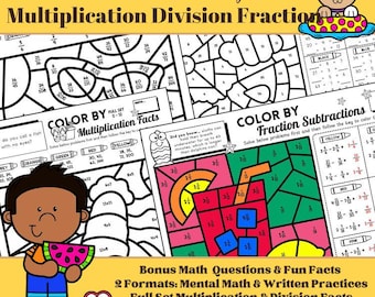 Summer Themed Multiplication Division Fraction | 2 Formats | NO PREP