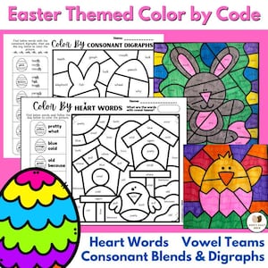 以下が含まれることがあります： イースターをテーマにした、コードで色を塗るワークシートが3枚あります。最初のワークシートにはウサギ、2番目のワークシートにはバードハウスと鳥、3番目のワークシートにはヒヨコが描かれています。各ワークシートには、画像で使用されている色に対応する単語が書かれたカラーキーがあります。これらのワークシートは、子供たちが子音の2文字綴り、ハートワード、母音のチームについて学ぶのに役立ちます。