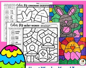 Easter Color by Code | Heart Words | Consonant Blends | Vowel Teams | No PREP | 15 Pages