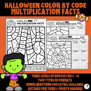 May include: Halloween-themed color-by-code multiplication facts worksheets. The worksheets feature images of a pumpkin and a Frankenstein's monster. The text on the worksheets includes "Halloween Color by Code Multiplication Facts", "Three Levels of Difficulties 2-12", and "Suitable for Third & Fourth Graders".