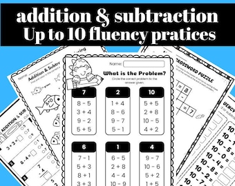Double Digits Addition Subtraction for Up to 10 | 24 Pages | NO PREP | JPEG Included