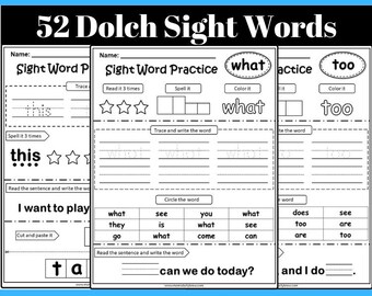 52 Dolch Kindergarten Sight Words | 2 Formats Each Word | Master Check List
