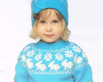 Vintage 80’s Knitting Patterns - Bunny Sweater with Matching Hat & Mitts - PDF Download - Kid’s Retro 1980’s Sweater or Pullover