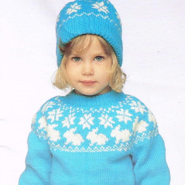 Vintage 80’s Knitting Patterns - Bunny Sweater with Matching Hat & Mitts - PDF Download - Kid’s Retro 1980’s Sweater or Pullover