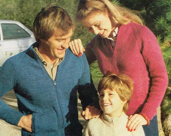 Vintage Knitting Pattern for Family Cardigans - PDF download - 80s retro 1980s sweater knitting pattern