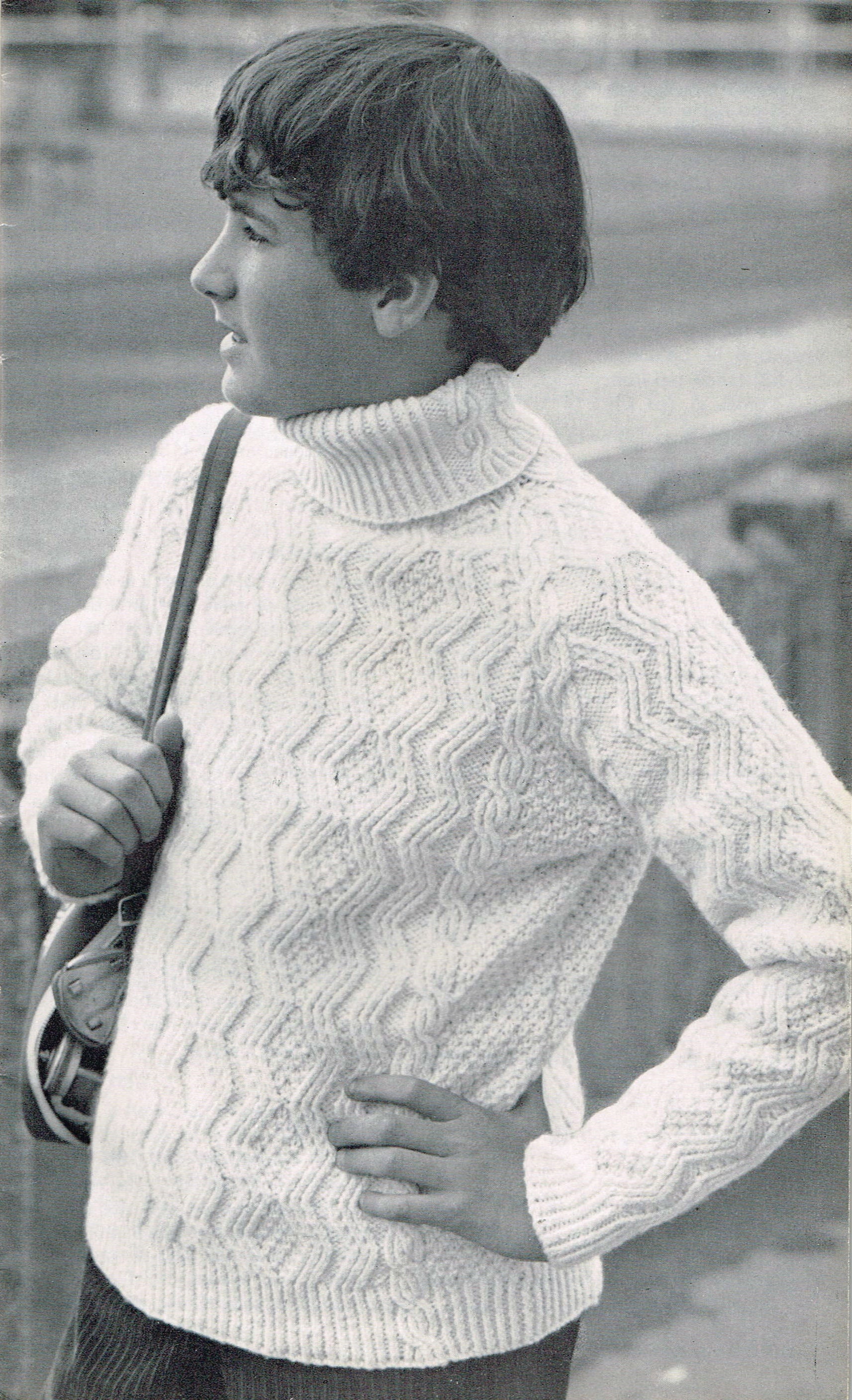 PDF Downloadable Knitting Pattern of a Boys Polo Neck Aran Sweater 60s