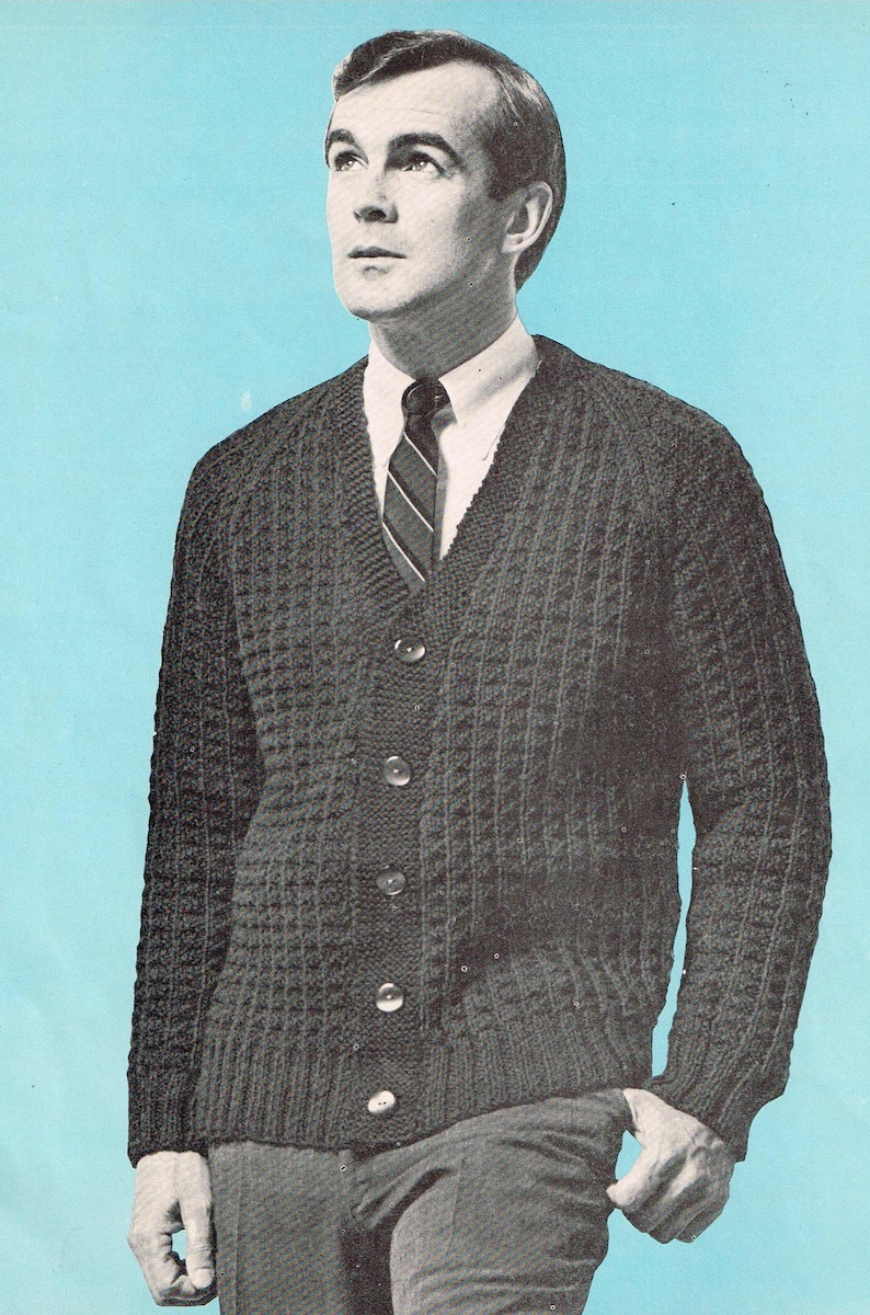 Vintage 60s Knitting Patterns Mens Raglan Sleeved Cardigan