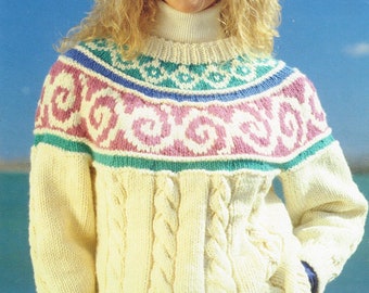 90's Knitting Pattern for an Oversized Sweater Featuring a Swirls and Cables - PDF Digital Download E Pattern - Women's Pullover