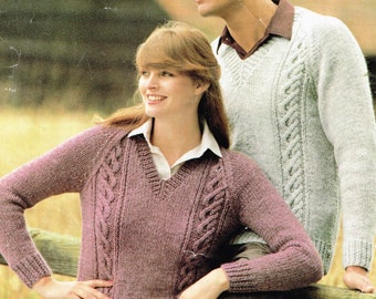 Men's & Women's 80's Knitting Pattern: Casual Cable Sweaters - PDF Digital Download, Printable E Pattern - V neck Chunky Sweater