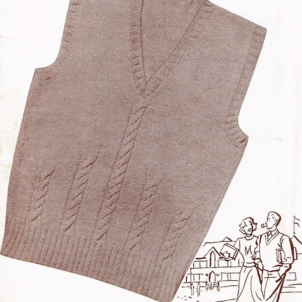 Vintage Men's Knitting Pattern: Cabled Sweater Vest - PDF Digital Download - Pullover