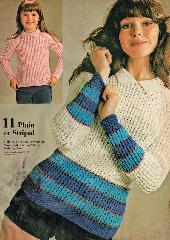 Vintage Knitting Pattern Girls Plain Or Striped Sweaters With A Collar Pdf Download 70 S Retro 1970 S Kids Pullover