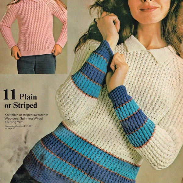 Vintage Knitting Pattern - Girls Plain or Striped Sweaters With a Collar - PDF Download - 70’s retro 1970’s  Kids Pullover