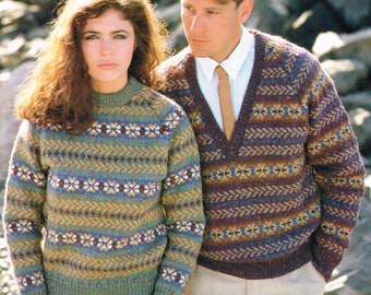 Vintage Knitting Pattern for Men’s and Women’s Fair Isle Sweaters - PDF Download - 80’s retro pullover