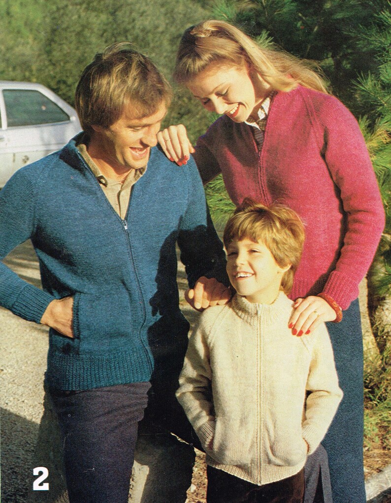Vintage Knitting Pattern for Family Cardigans PDF download 80s retro 1980s sweater knitting pattern image 1