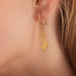 Dangle Birth Month Flower Earrings, Dainty Custom Engraved Earrings, Personalized Birth Flower Earring, Gold Birth Month Flower Earrings