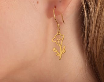 Dangle Birth Month Flower Earrings, Dainty Custom Engraved Earrings, Personalized Birth Flower Earring, Gold Birth Month Flower Earrings