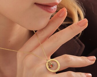Collar personalizable con piedra de nacimiento familiar, collar con mensaje grabado en círculo, collar de mamá, collar de aborto espontáneo, collar con inicial
