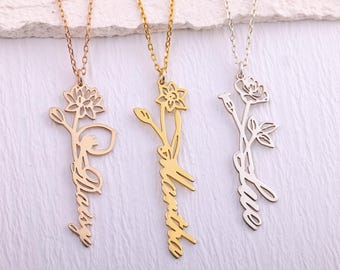 Collar delicado con nombre y flor de nacimiento, collar de oro de 14 quilates con flor de nacimiento, regalo personalizado, regalo familiar con flor de nacimiento, regalos de Navidad
