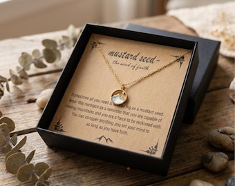Gold Mustard Seed Mountain Necklace, Faith Jewelry with Matthew 17:20 Card, Christian Gift, Encouragement Jewelry, Great Inspirational Gift