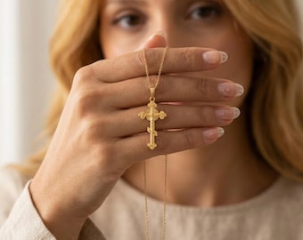 Orthodox Cross Necklace, Russian Orthodox Cross Necklace, Gold Cross Necklace, Christian Necklace, Religious Jewelry, Birthday Gift