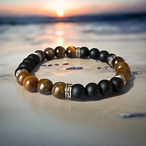 Protection Mens Beaded Bracelet, Matte Black Onyx and Tiger Eye Bracelet, Couples Bracelet, Friendship Bracelet, Father's Day Gift For Him