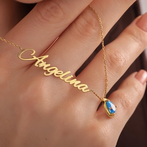 Custom Name Necklace with Birthstone, Birth Stone Necklace For Mom, Teardrop Birthstone Name Necklace, Sapphire Birth Stone Necklace