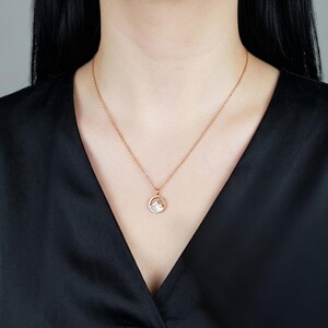 Puede incluir: Un collar de oro rosa con un colgante circular con una escena de monta&ntilde;a. El colgante tiene un dise&ntilde;o de monta&ntilde;a blanco y plateado dentro de un marco de oro rosa. El collar se usa sobre una blusa negra.