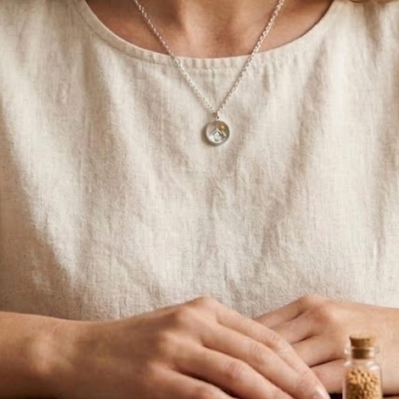 Puede incluir: Un collar de plata con un colgante redondo con un peque&ntilde;o dise&ntilde;o. El collar cuelga sobre una blusa color crema. Una peque&ntilde;a botella de vidrio con un tap&oacute;n de corcho es visible en primer plano.