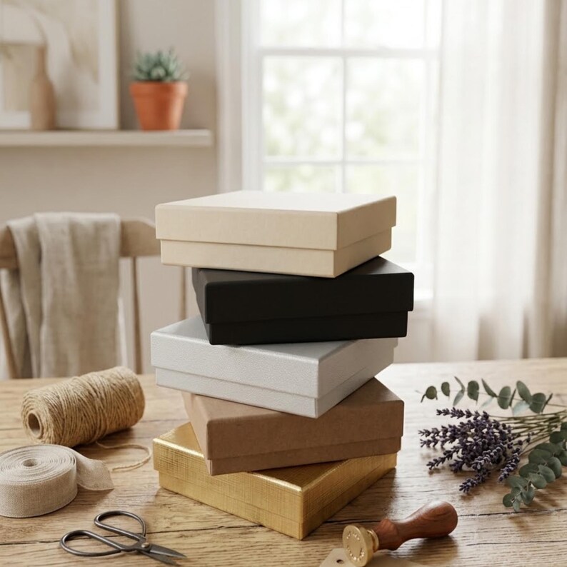 Puede incluir: Una pila de seis cajas de regalo cuadradas en varios colores: beige, negro, blanco, marr&oacute;n claro y dorado. Las cajas est&aacute;n apiladas sobre una mesa de madera con un carrete de hilo, cinta, tijeras y un sello de cera.