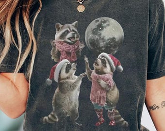 Three Raccoons Vintage Christmas Shirt, Retro Raccoon Moon Hoodie, Raccoon Lovers Tee, Funny Raccon Sweatshirt, Feral Raccoon Shirt