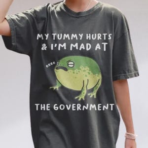 May include: Dark gray t-shirt with the text "MY TUMMY HURTS & I'M MAD AT THE GOVERNMENT" and a cartoon frog illustration. The frog is green and yellow with a grumpy expression. The shirt has short sleeves and a relaxed fit.
