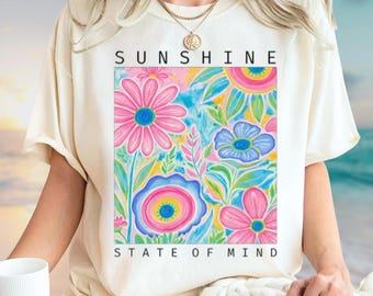 Sunshine State of Mind Comfort Colors Shirt, Sunshine Floral Shirt, Beach Vibes Shirt, Retro Floral Summer Tee, Colorful Summer Hippie Tee