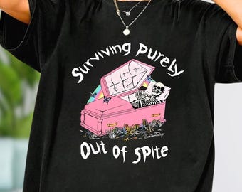 Surviving Purely Out Of Spite Shirt, Funny Goth Celestial Shirt, Funny Skeleton and Bats Shirt, Bat Gothic Boho Shirt, Celestial Woman Shirt