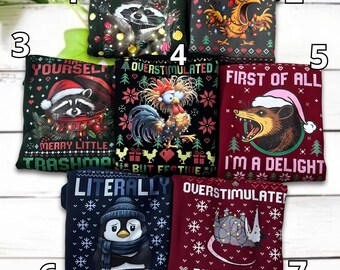 Custom Overstimulated Animals Christmas Sweatshirt, Ugly Christmas Shirt, Penguin Chicken Raccoon Opossum Christmas Sweatshirt, Animals Tee