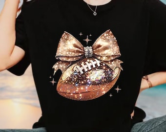 Sparkling Bow & Rugby Sequin Shirt, Faux Glitter Ball Bow Football Shirt, Game Day Football Tee, Faux Sequin Football Shirt, Football Shirt