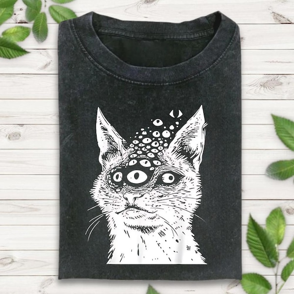 Camiseta de gato con temática de Weirdcore, camiseta de gato gótico de terror espeluznante grunge harakuju, camiseta psicodélica, camiseta gótica, camiseta de estética oscura, camiseta grunge punk crust