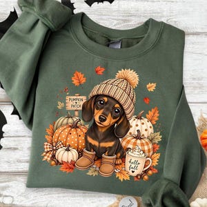 May include: An olive green crewneck sweatshirt featuring a graphic of a dachshund wearing a tan knit beanie and boots. The dog is surrounded by pumpkins, autumn leaves, a sign that reads PUMPKIN PATCH, and a mug labeled hello fall.