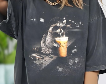 Comfort Colors Raccoon Drinking Iced Coffee Shirt, Retro Prehistoric Shirt, Gift For Animal Lover, Funny Animal Meme Tee, Coffee Raccoon Tee